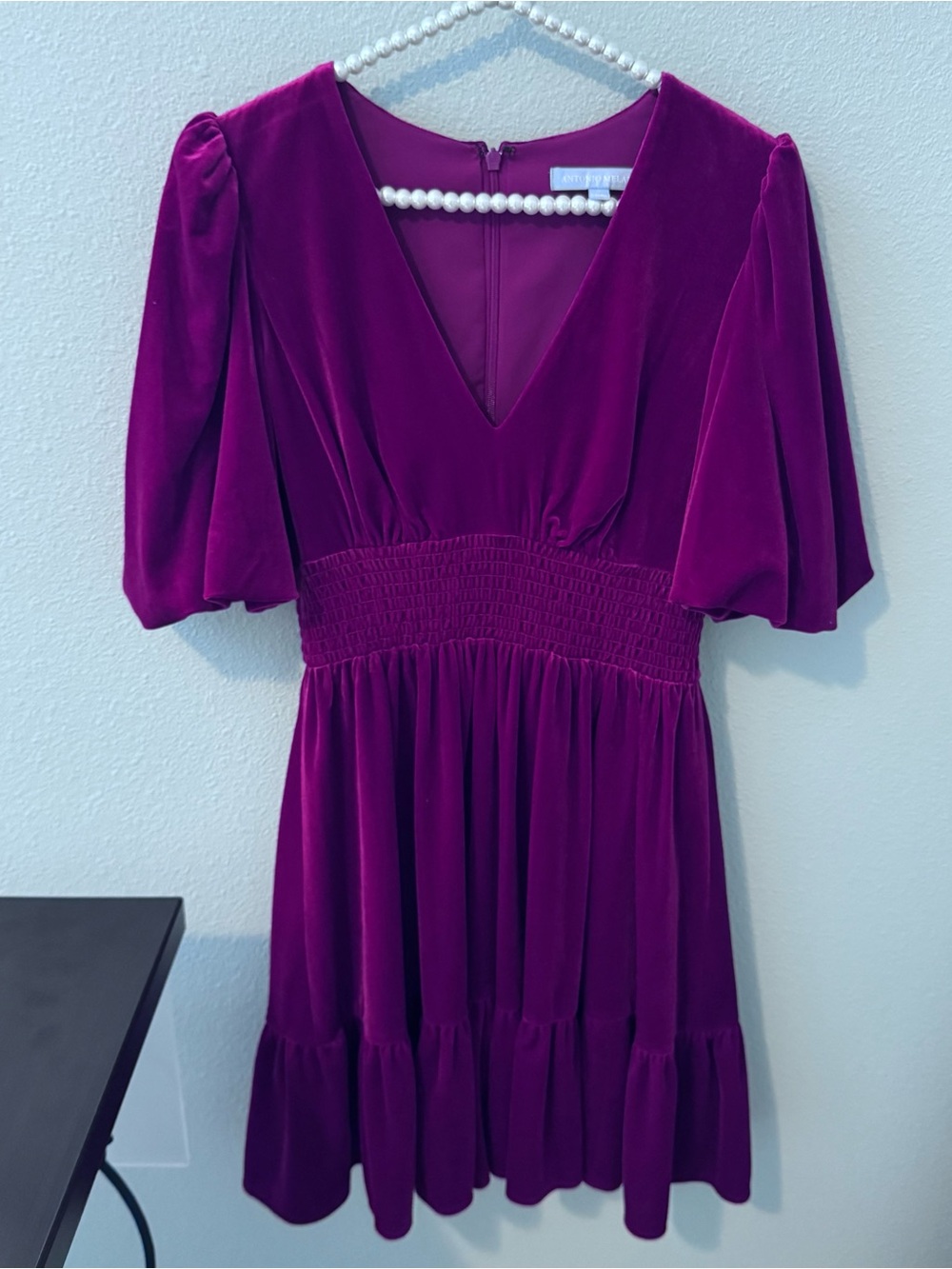 ANTONIO MELANI Red Velvet V-Neck Mini Dress